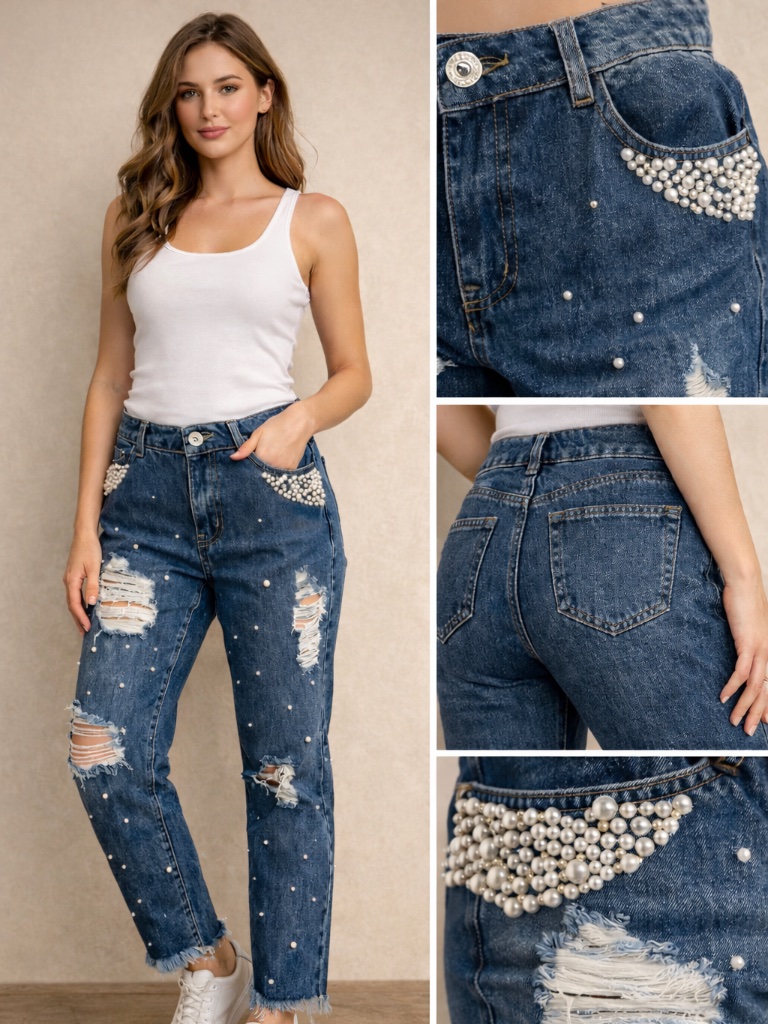 Women's High-Rise Pearl Jeans - Trendy Blue Denim - Fashion Designer Jeans